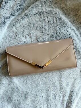 Aldo Beige Patent Envelope Clutch with Gold V Detail